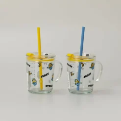 MINISO Tazza In Vetro Con Cannuccia - Minions (1Pz) (400Ml) New